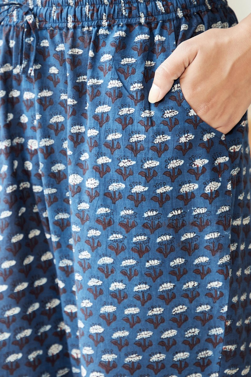 Indigo Hand Block-Printed Cotton Narrow Pants