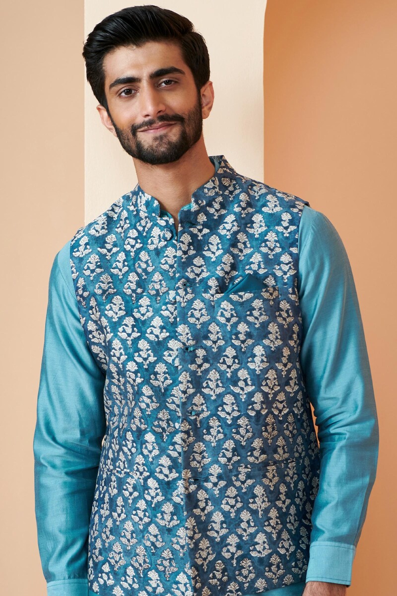 Blue printed nehru jacket store