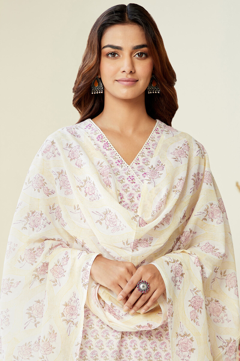 Yellow Hand Block-Printed Cotton Mul Dupatta