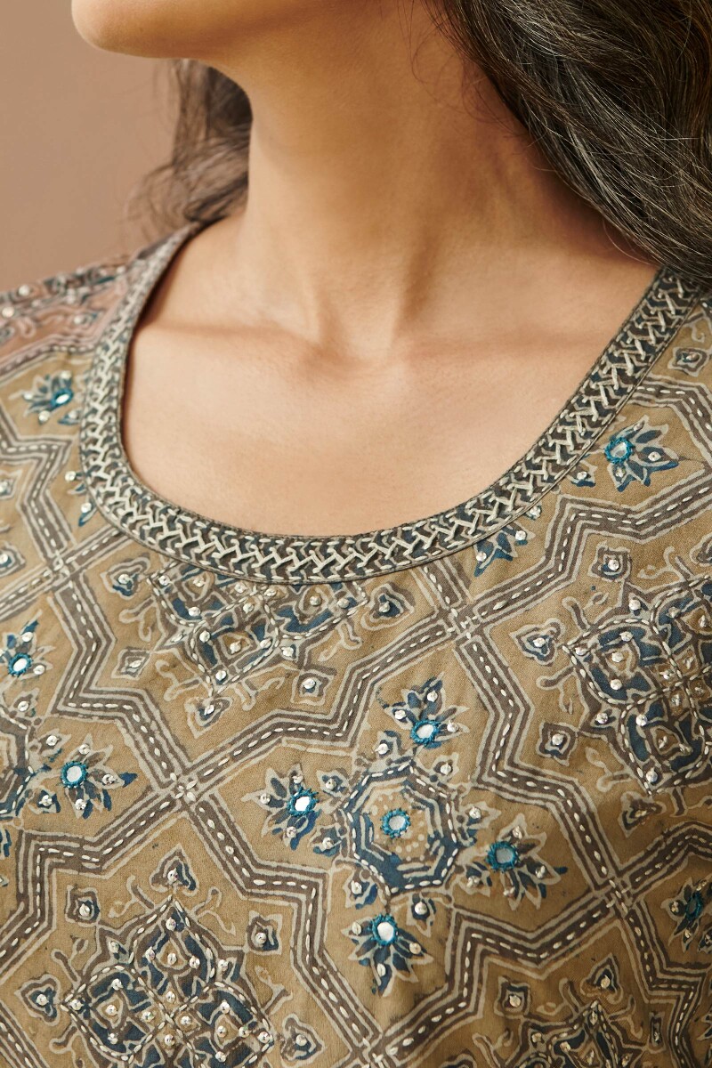 Brown Hand Block Printed Straight Cotton Kurta