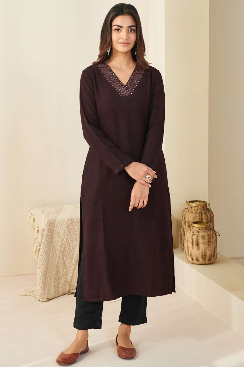 Maroon Handcrafted Straight Faux Wool Kurta