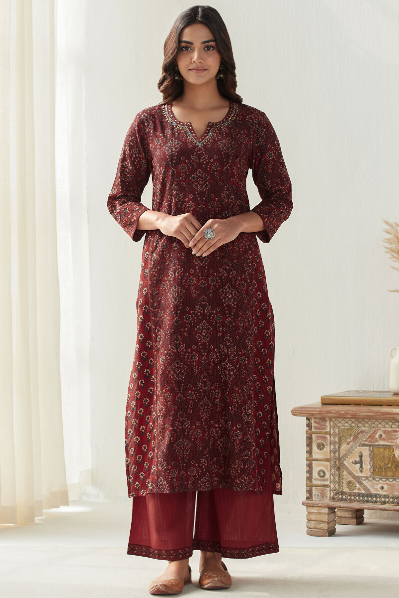 Red Hand Block Printed Straight Cotton Dobby Kurta