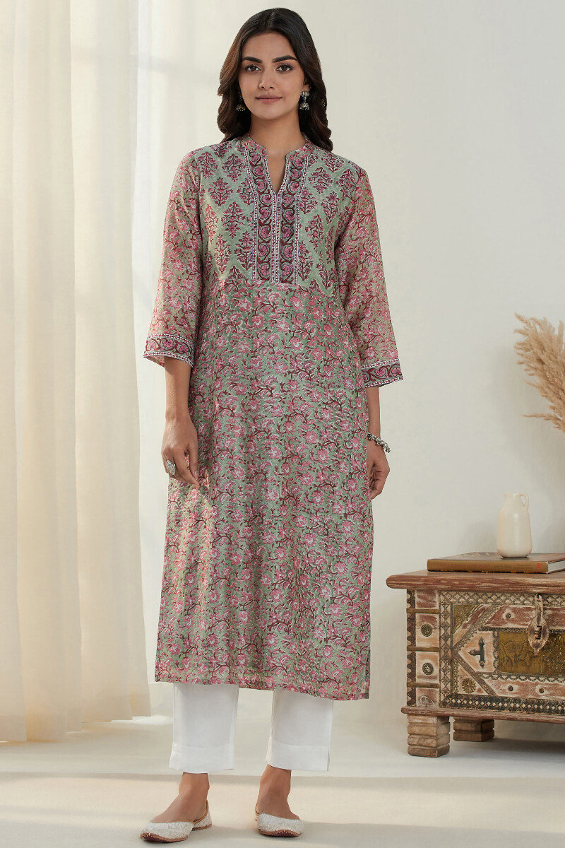 Green Hand Block Printed Straight Chanderi Kurta