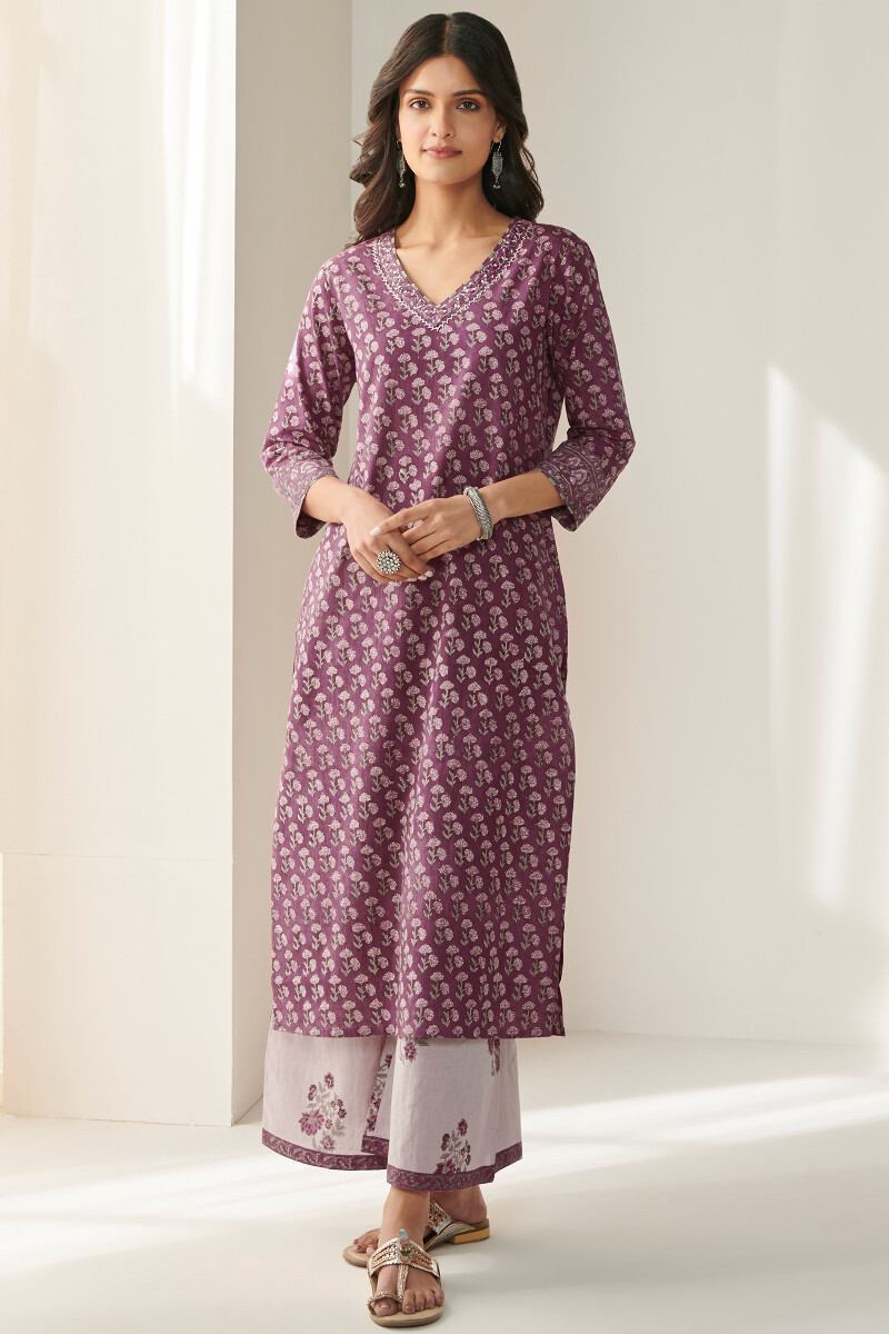 Purple Hand Block Printed A-Line Cotton Slub Kurta