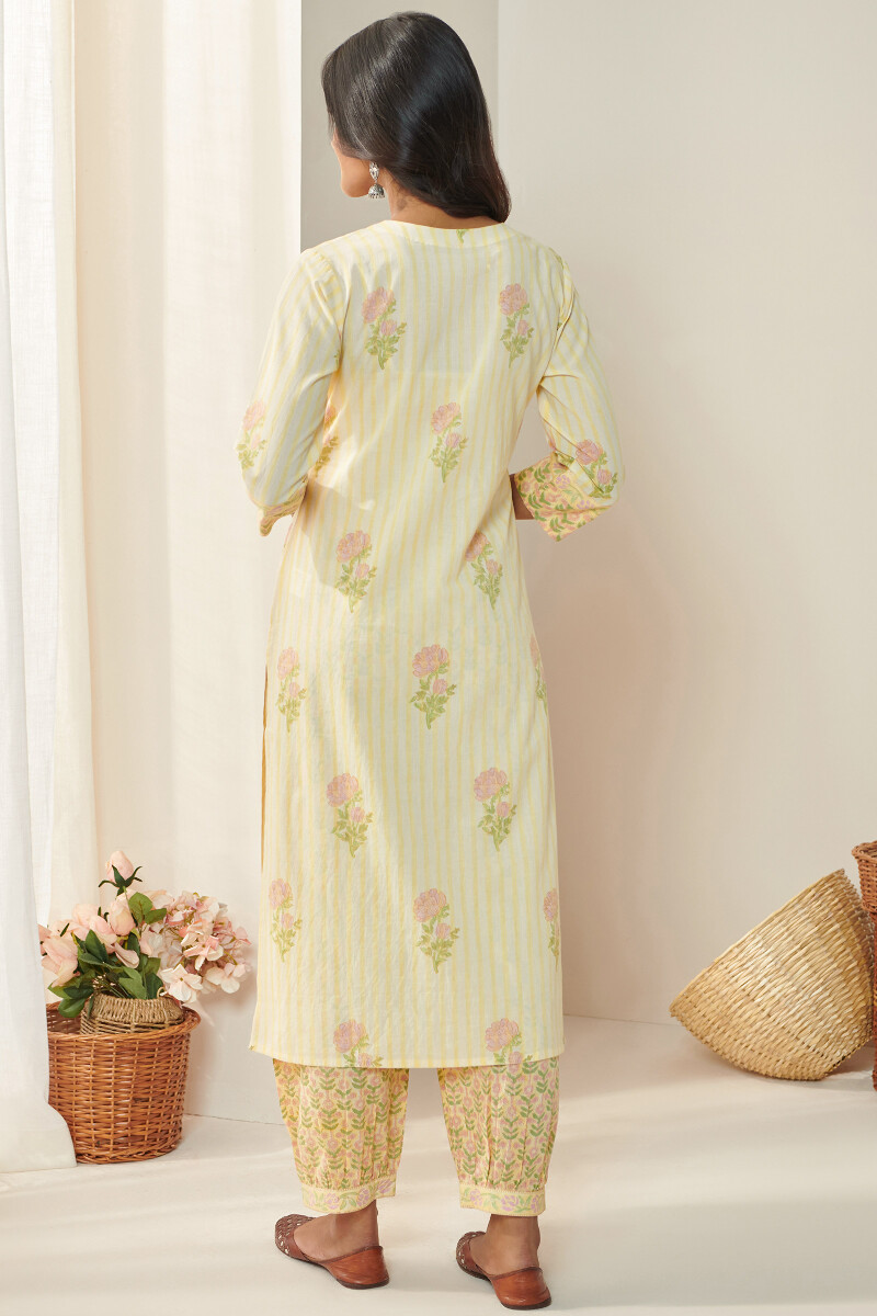 Yellow Hand Block Printed Straight Cotton Kurta