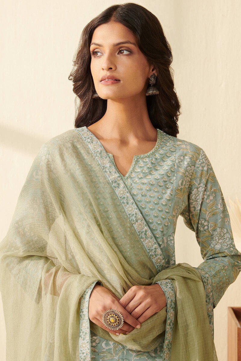Green Hand Block Printed Kota Dupatta