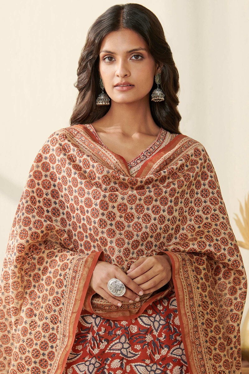 Red Hand Block Printed Chanderi Dupatta