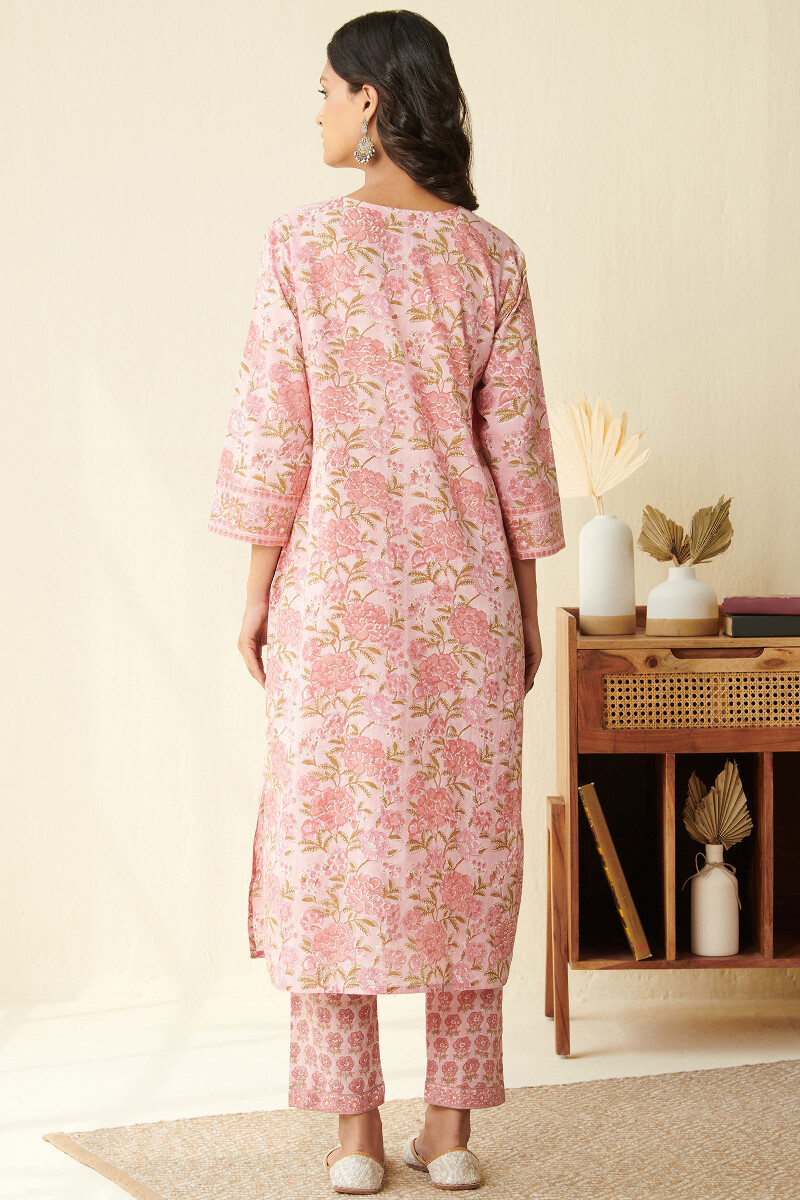 Pink Hand Block Printed Straight Cotton Kurta
