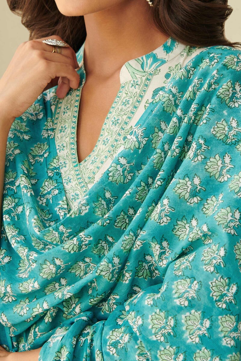 Turquoise Hand Block Printed Cotton Dupatta