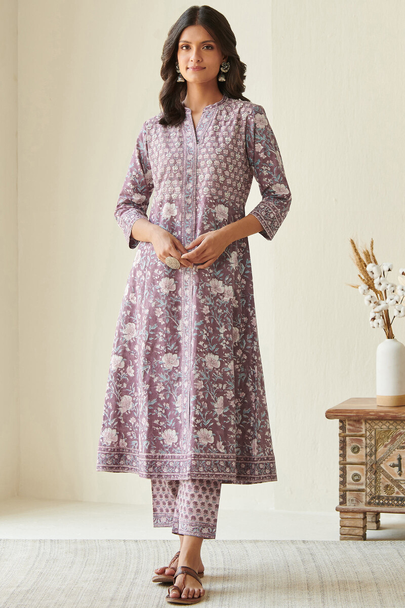 Purple Hand Block-Printed A-Line Cotton Kurta
