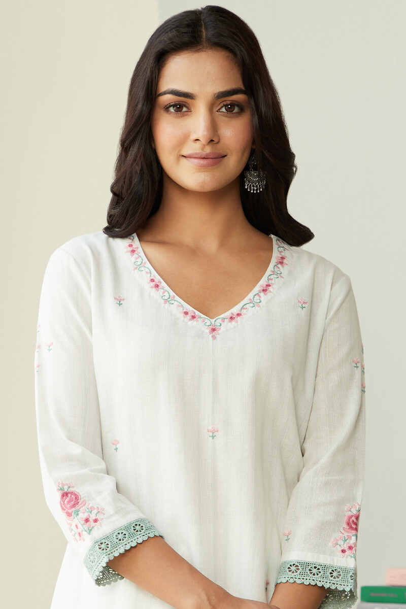 White Handcrafted Straight Cotton Kurta
