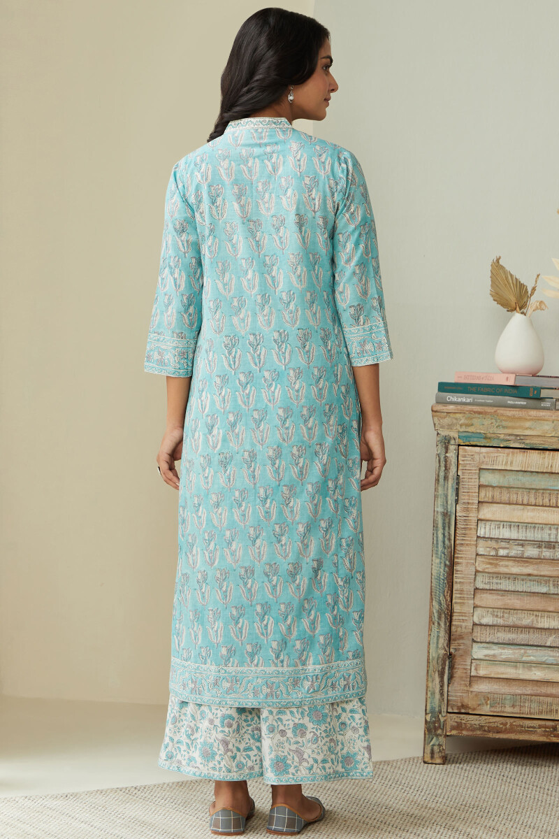 Blue Hand Block Printed Straight Cotton Kurta