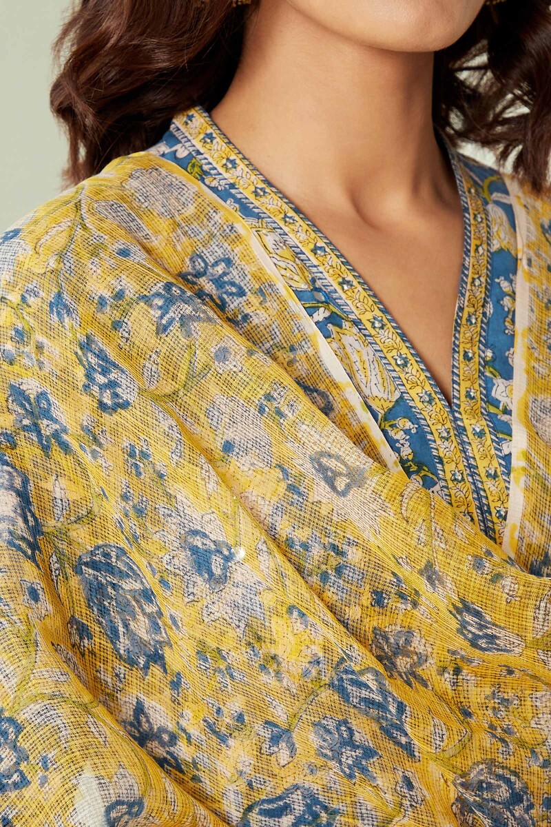Yellow Hand Block-Printed Kota Dupatta