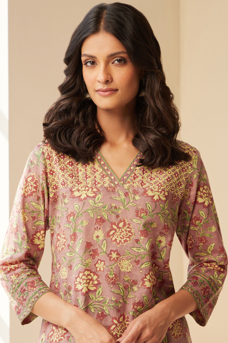 Mauve Hand Block-Printed Straight Cotton Kurta