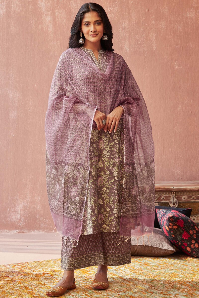 Brown Hand Block-Printed Straight Cotton Kurta