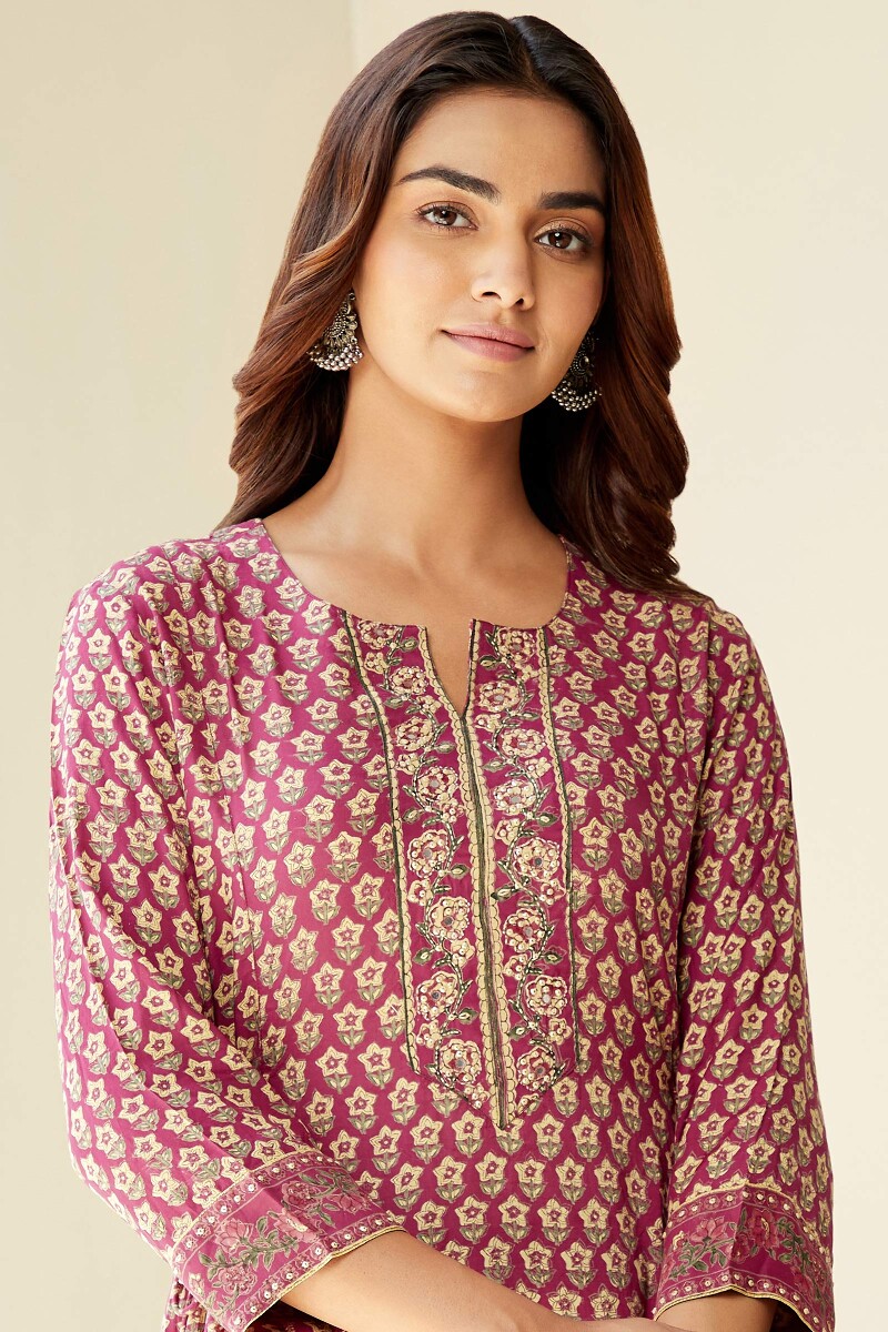 Raspberry Hand Block-Printed A-Line Modal Kurta