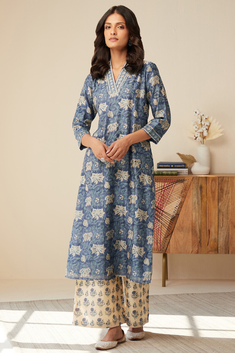 Blue Hand Block-Printed Straight Chanderi Kurta