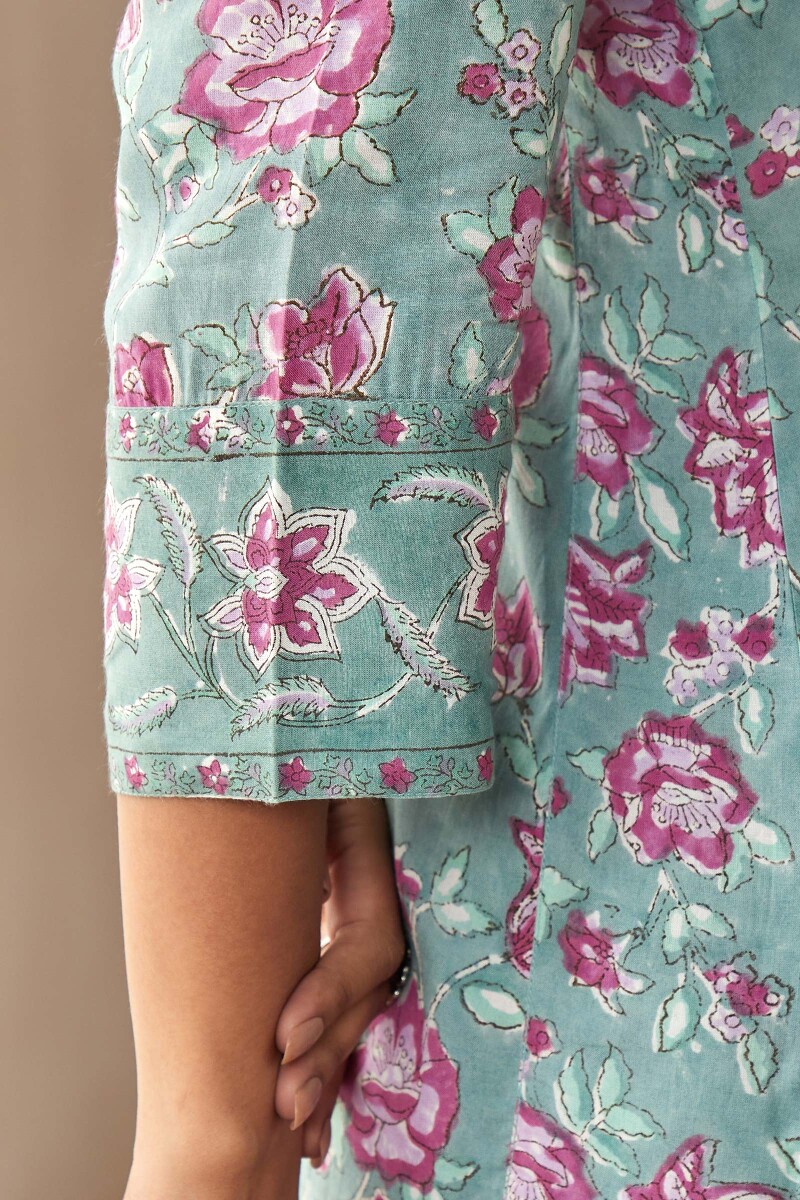 Green Hand Block-Printed Straight Viscose Kurta