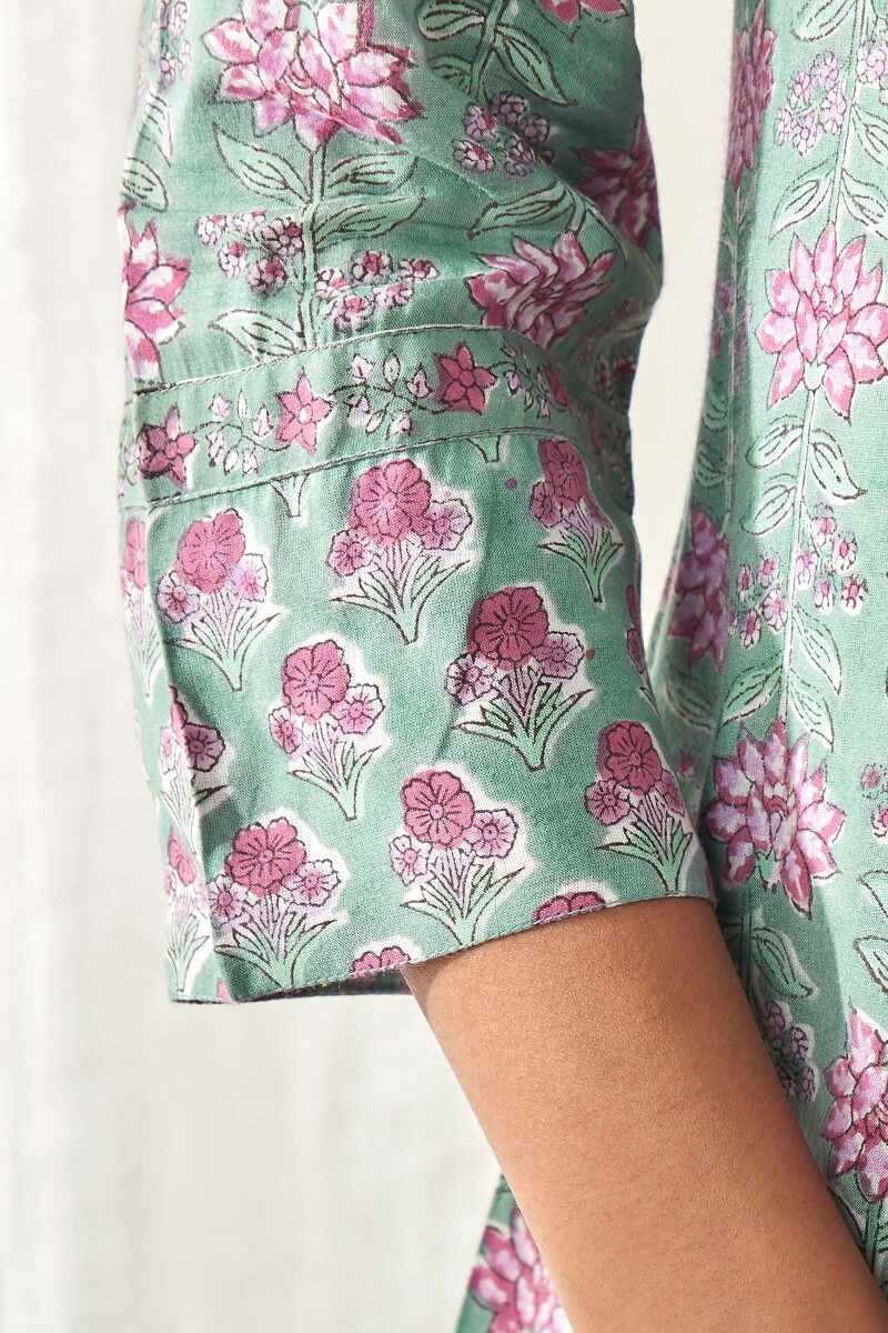 Green Hand Block-Printed Straight Viscose Kurta