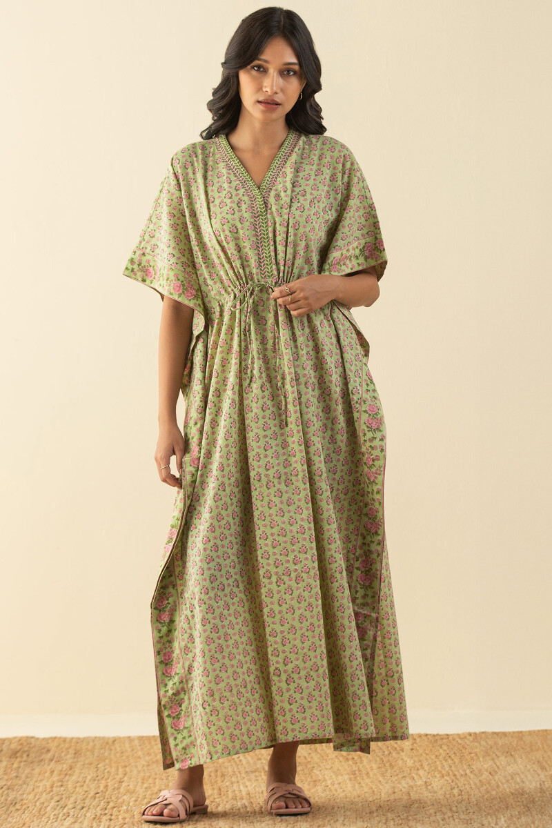 Green Hand Block-Printed Cotton Mul Kaftan