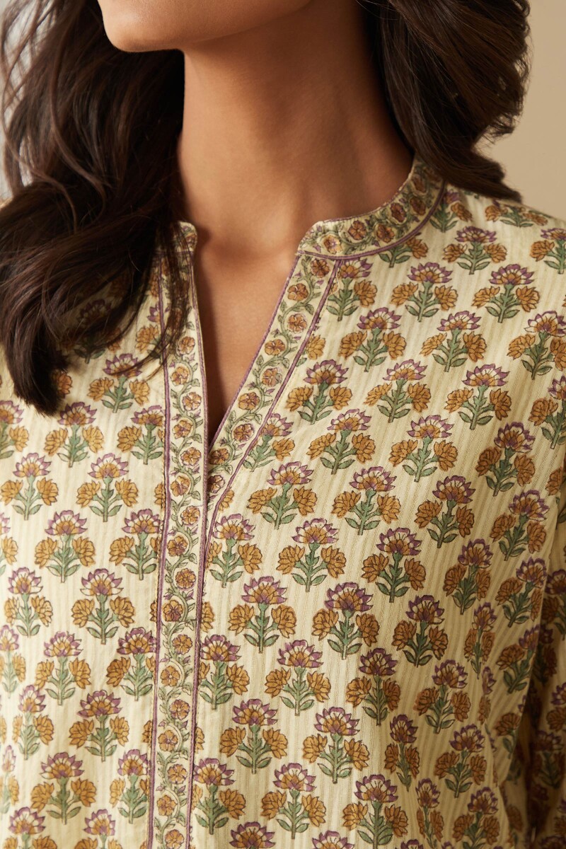 Cream Hand Block-Printed Cotton Dobby Loungewear Set