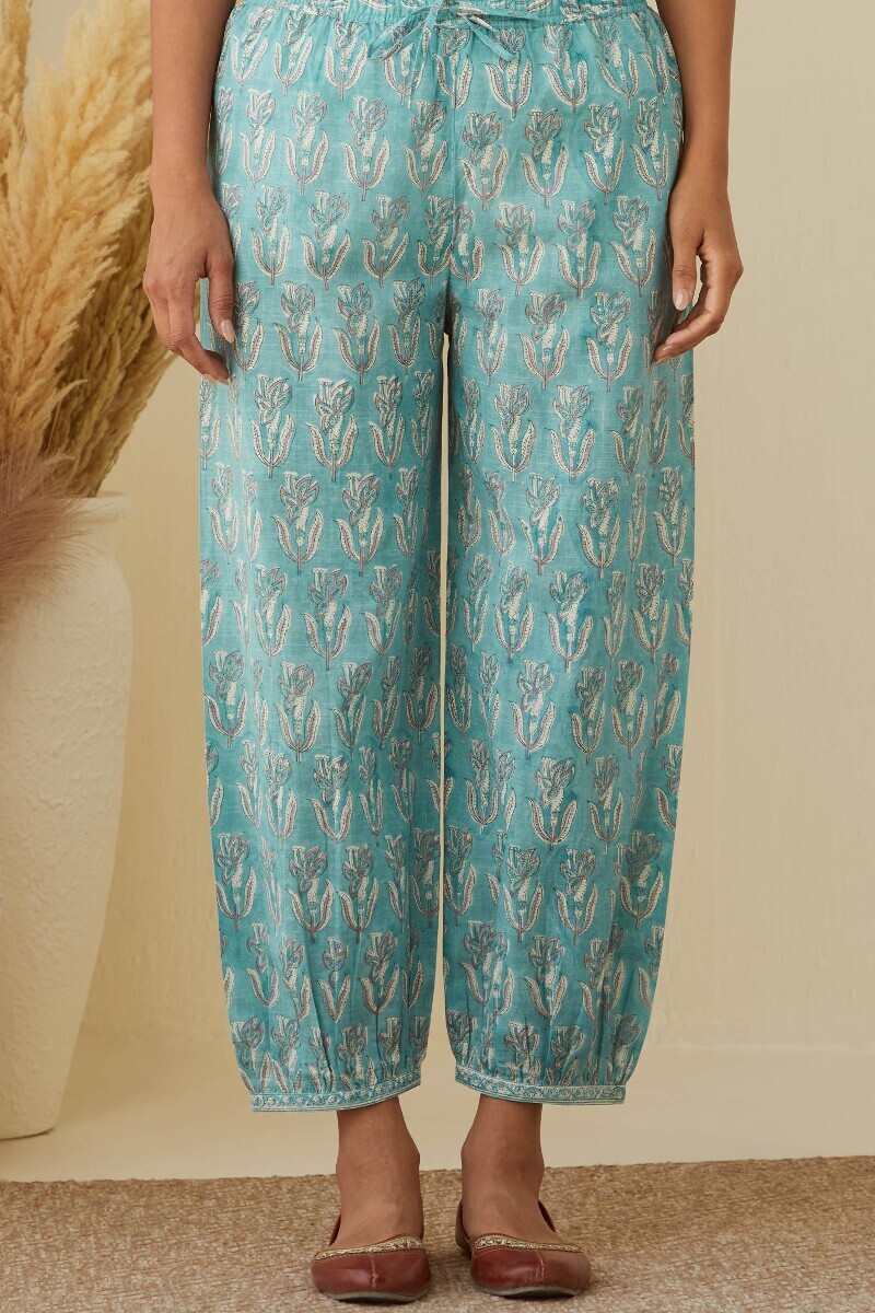 Blue Hand Block-Printed Cotton Slub Izhaar Pants