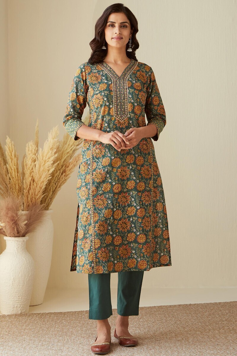 Green Hand Block-Printed Straight Cotton Kurta