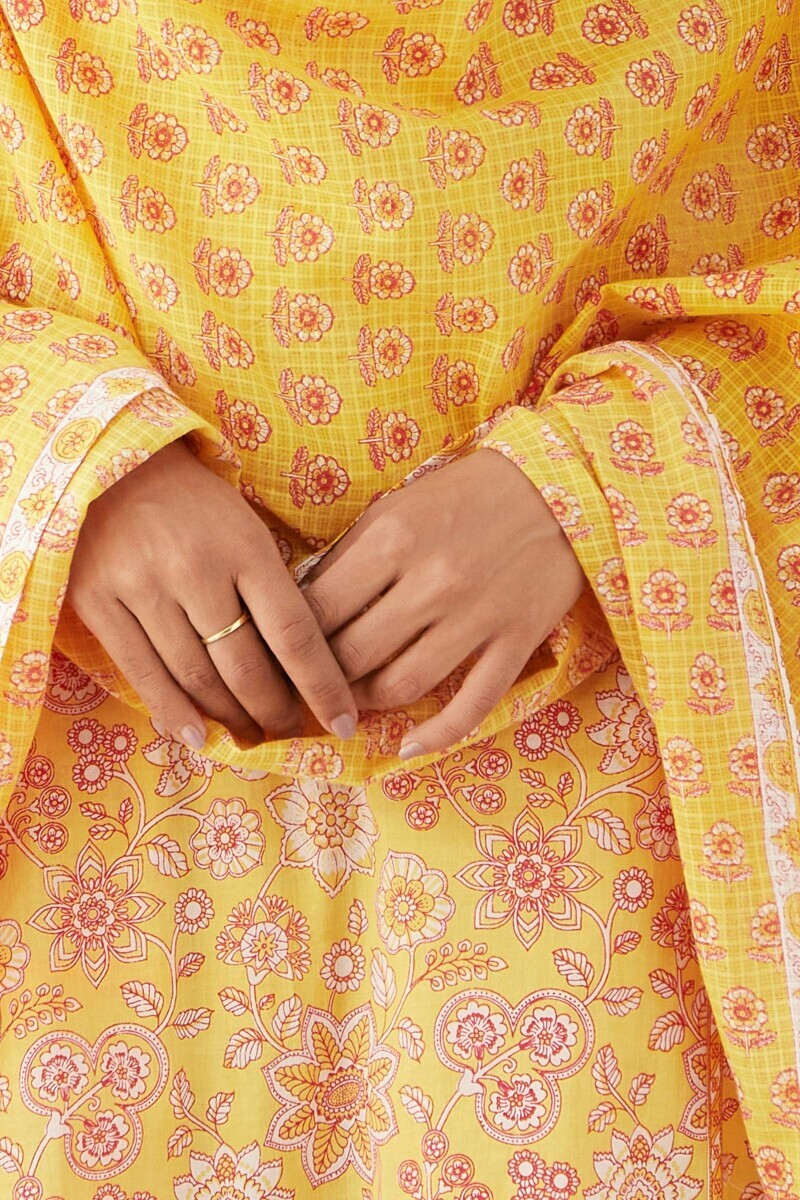 Yellow Hand Printed Kota Dupatta