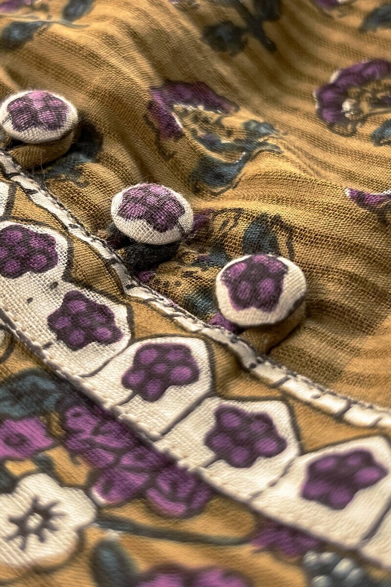 Mustard Hand Printed Angrakha Cotton Dobby Kurta