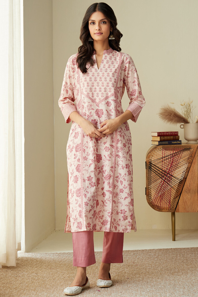 Pink Hand Printed Straight Cotton Slub Kurta