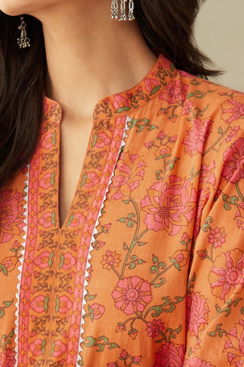 Orange Hand Printed Straight Cotton Kurta