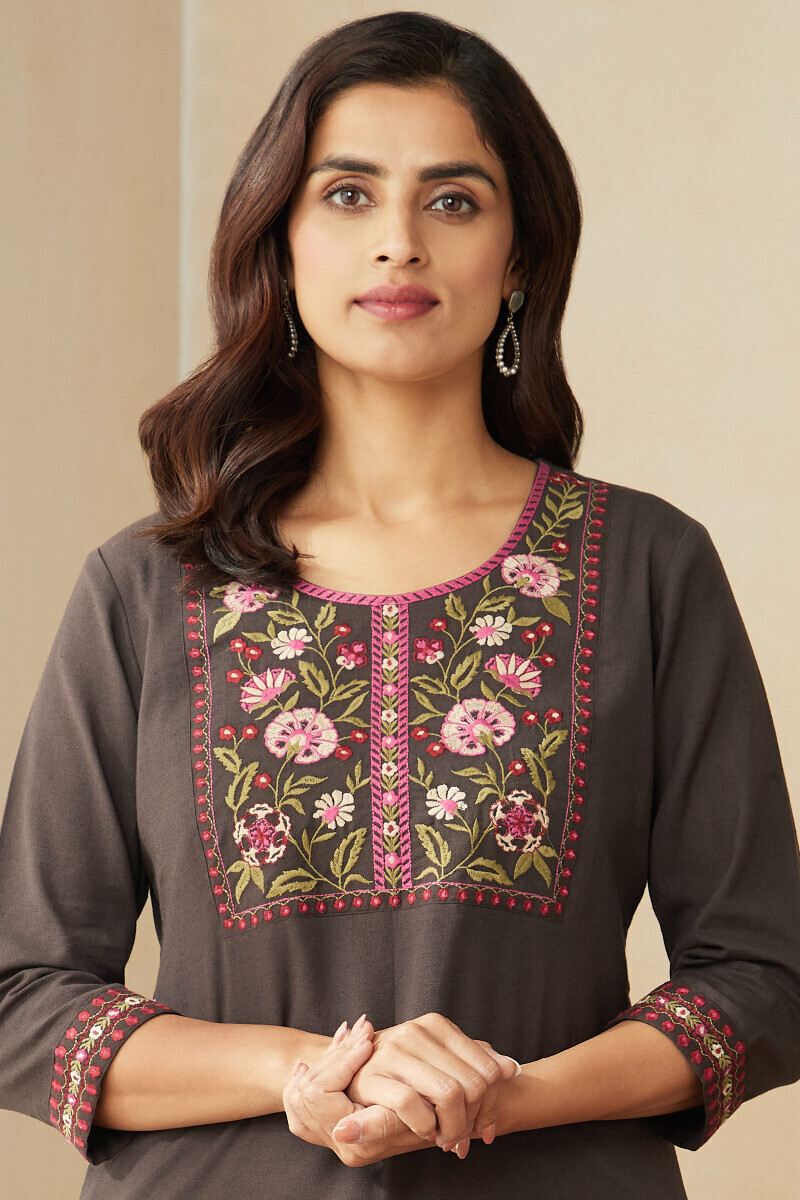 Brown Handcrafted Straight Cotton Flax Kurta