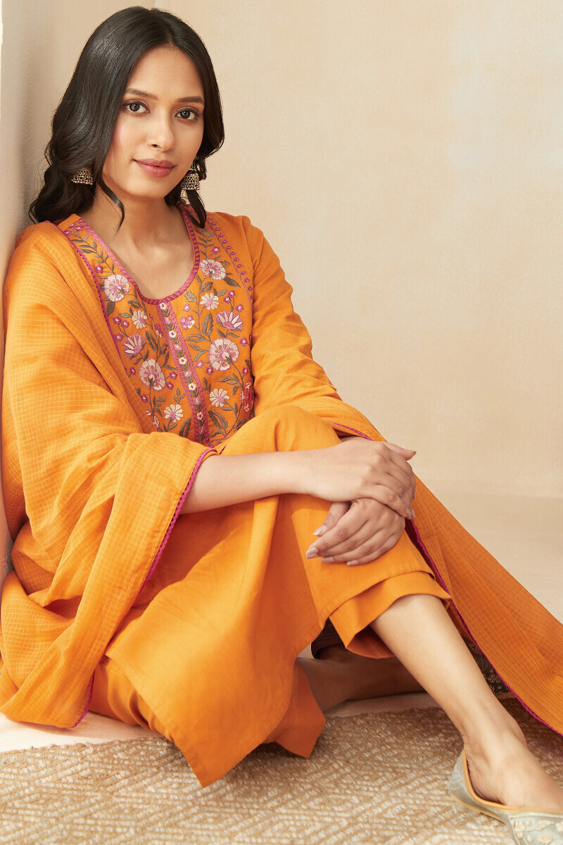 Mustard Handcrafted Straight Cotton Flax Kurta