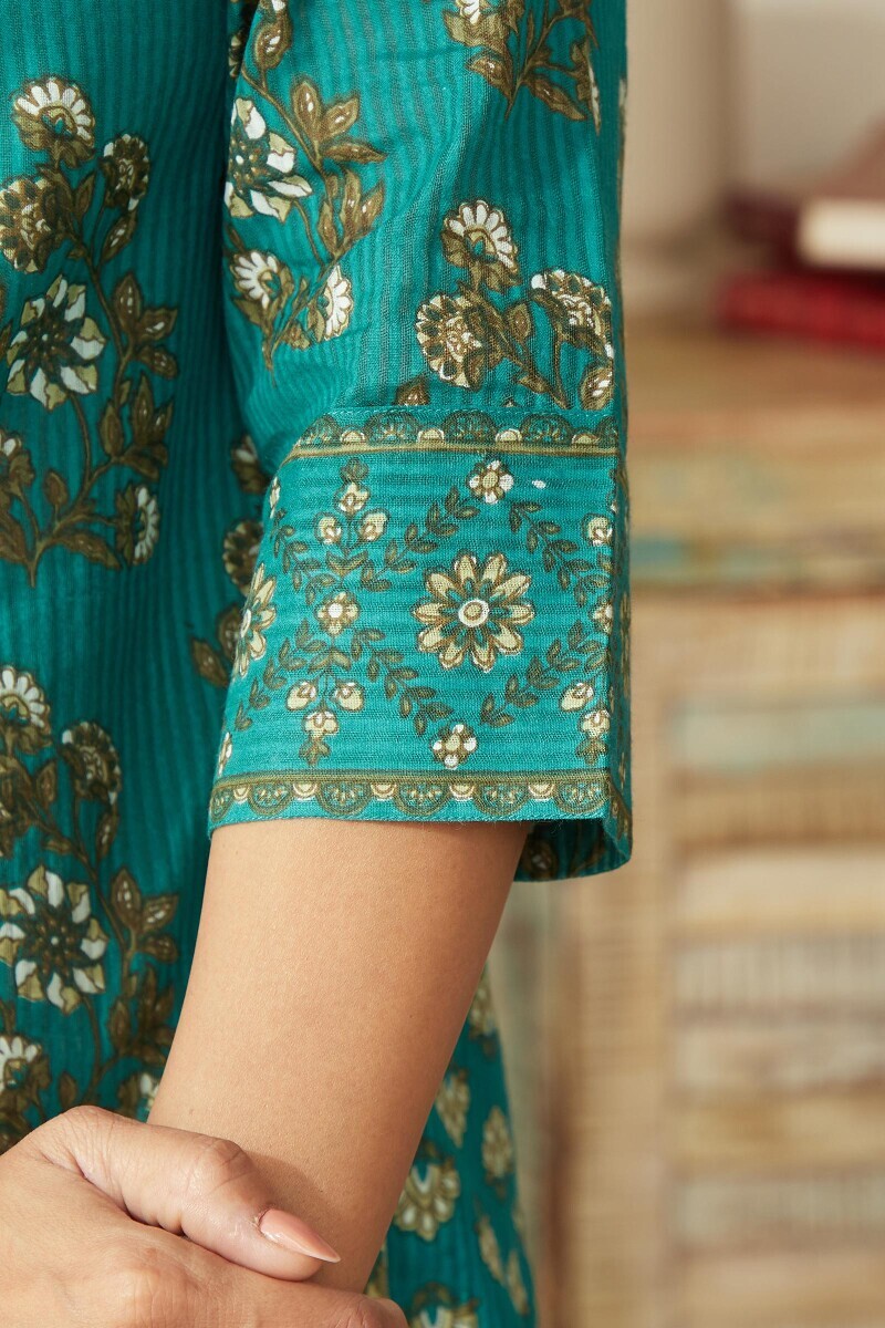 Teal Hand Printed Straight Cotton Dobby Kurta