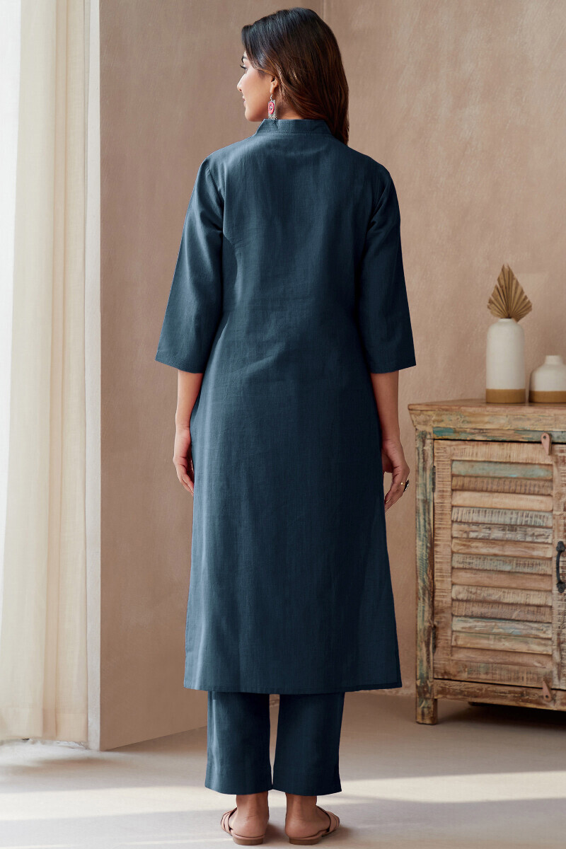 Midnight Blue Handcrafted Straight Cotton Flax Kurta