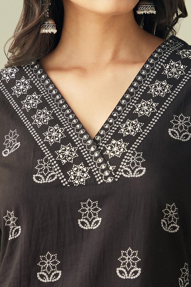 Black Hand-Printed Straight Cotton Kurta