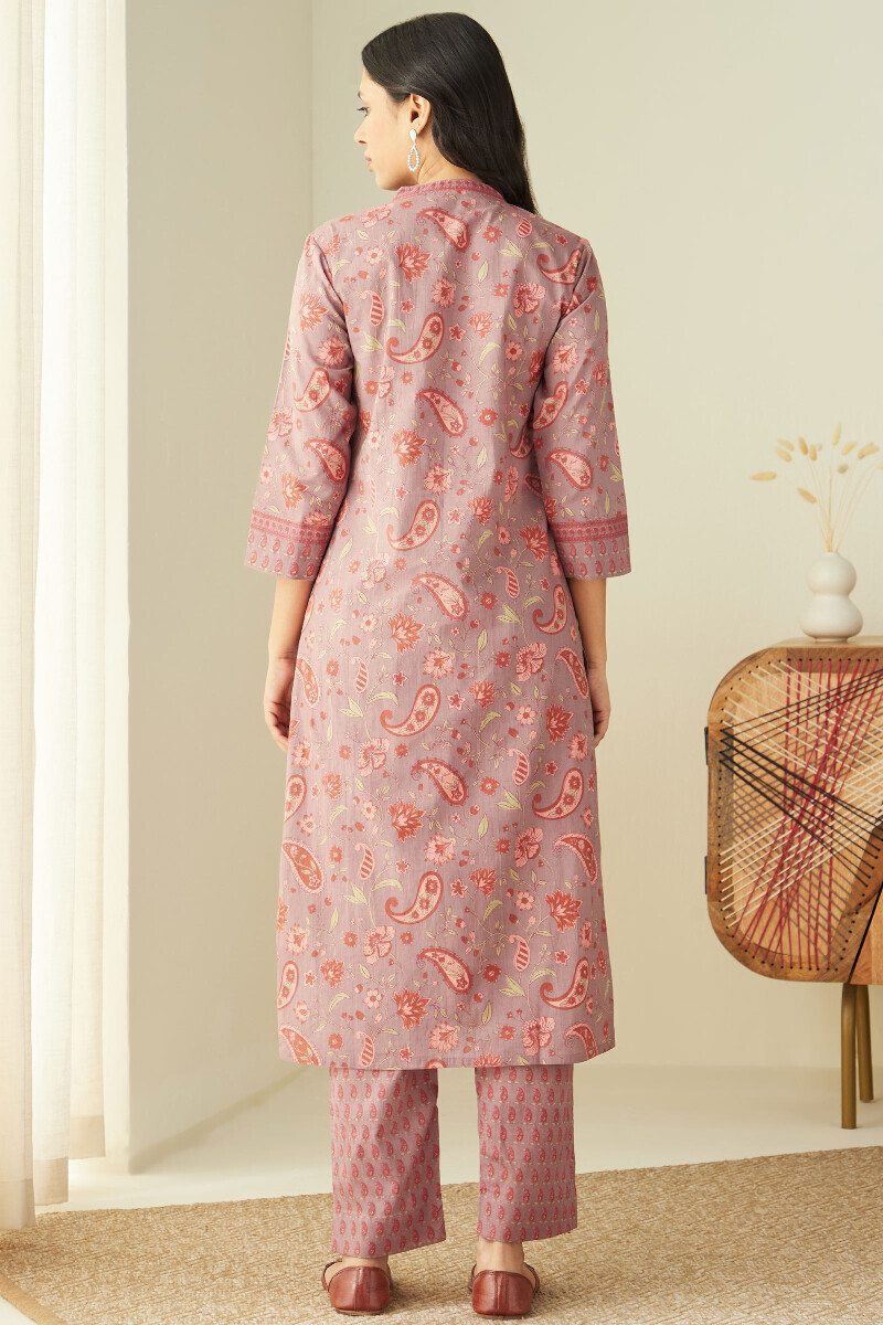 Mauve Hand Printed Straight Cotton Kurta