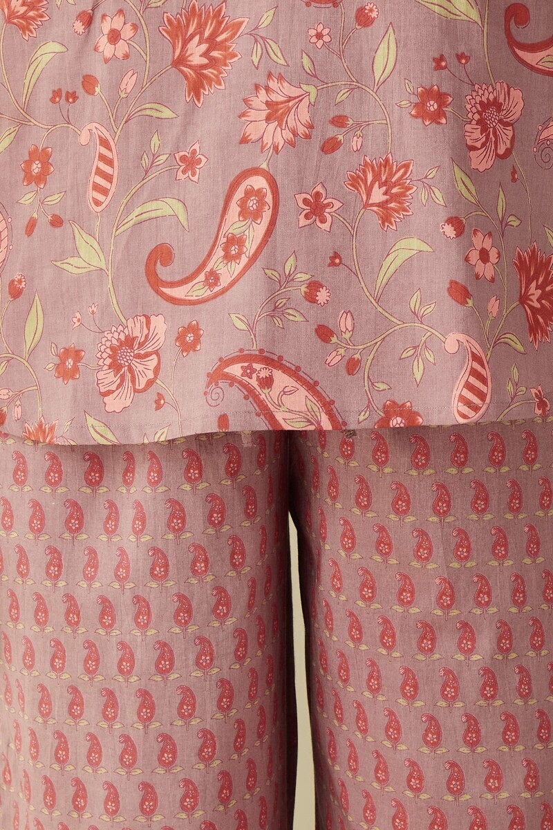 Mauve Hand Printed Cotton Loungewear Set