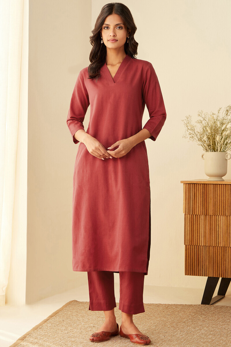 Crimson Red Handcrafted Straight Cotton Flax Kurta