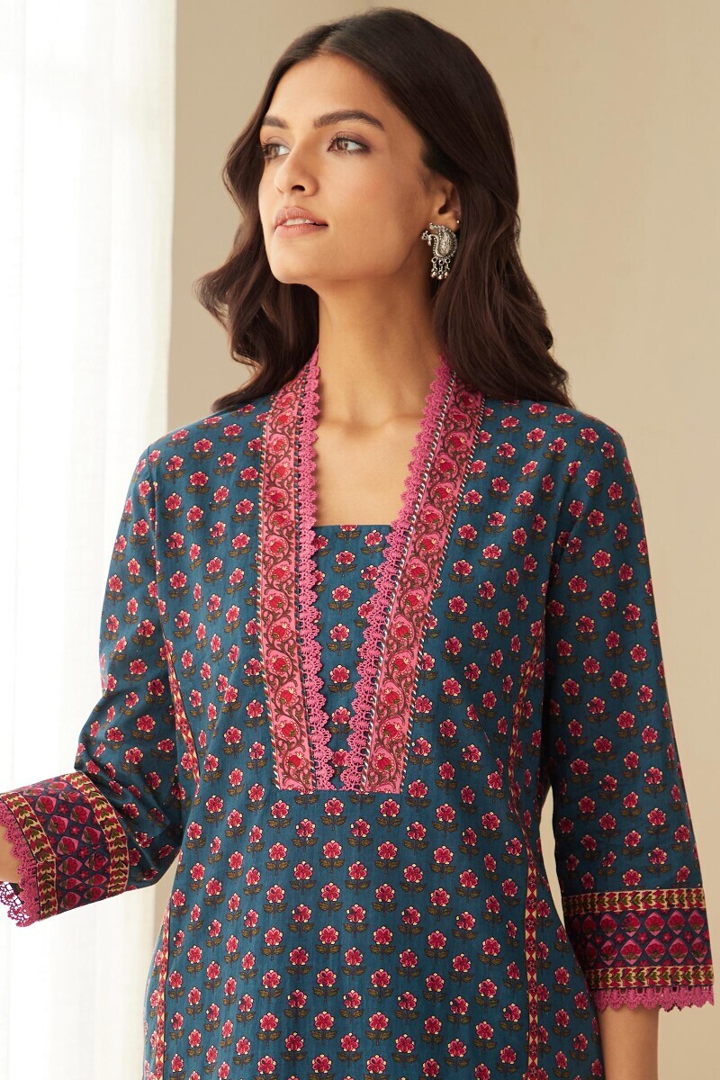 Indigo Hand Printed Straight Cotton Kurta