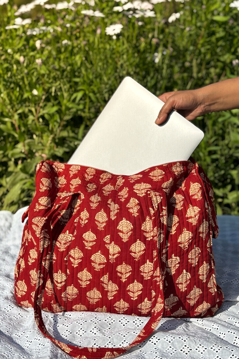 Red Hand Block Printed Viscose Holdall Bag