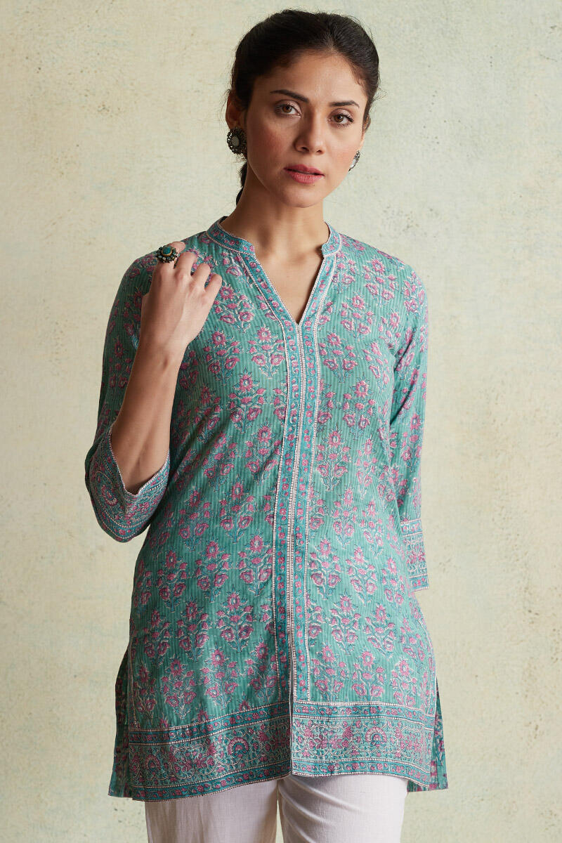Turquoise Block Printed Cotton Top