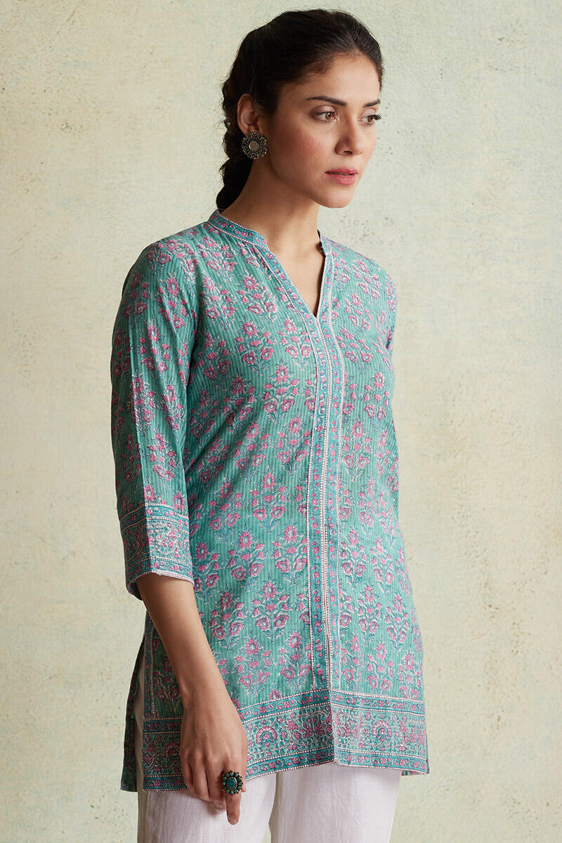 Turquoise Block Printed Cotton Top