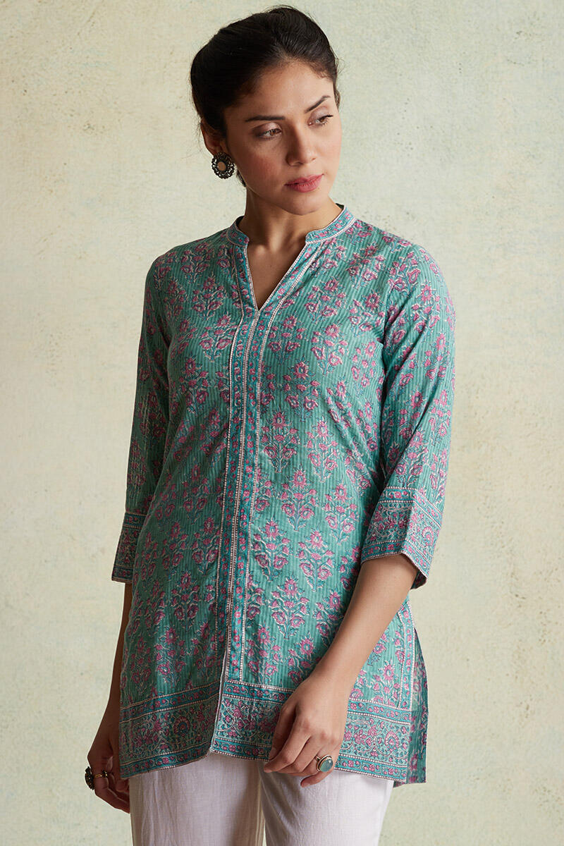 Turquoise Block Printed Cotton Top