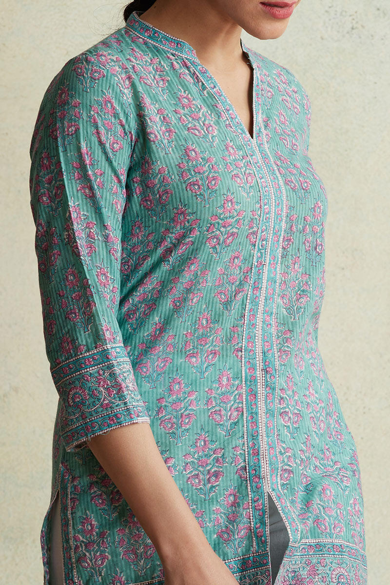 Turquoise Block Printed Cotton Top