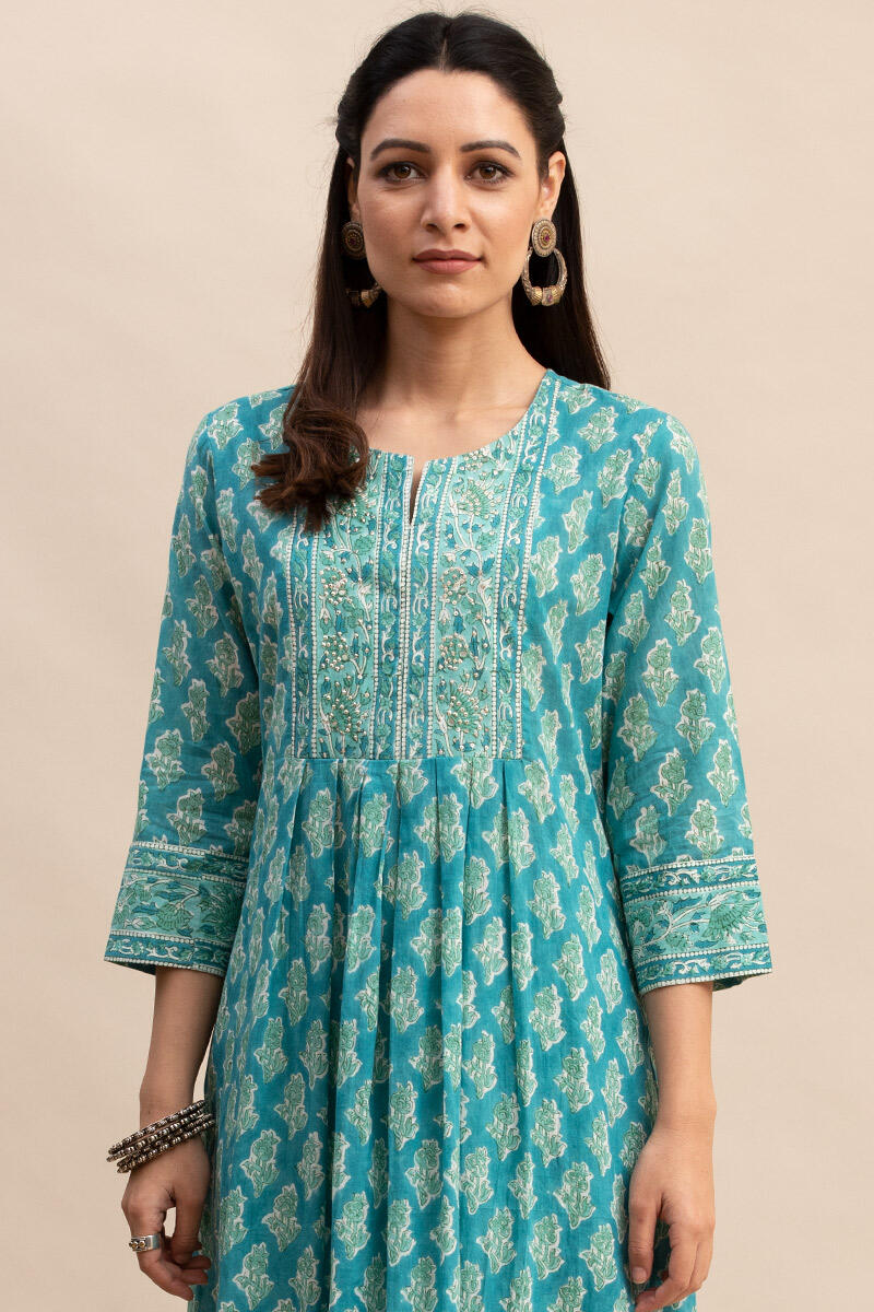 Turquoise Block Printed A-line Cotton Kurta
