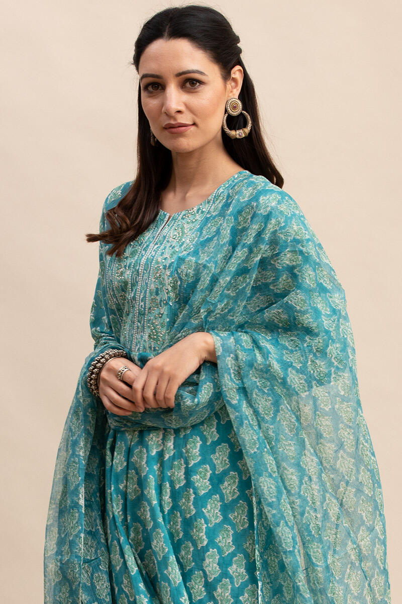 Turquoise Block Printed A-line Cotton Kurta
