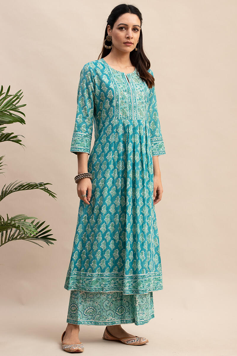 Turquoise Block Printed A-line Cotton Kurta