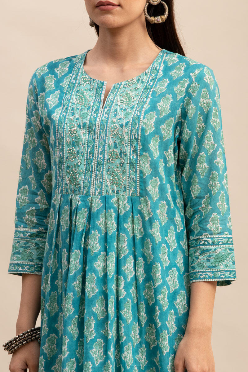 Turquoise Block Printed A-line Cotton Kurta