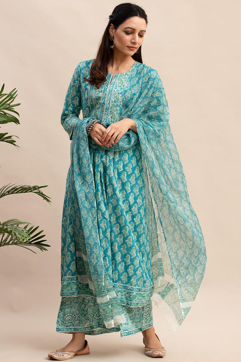 Turquoise Block Printed A-line Cotton Kurta